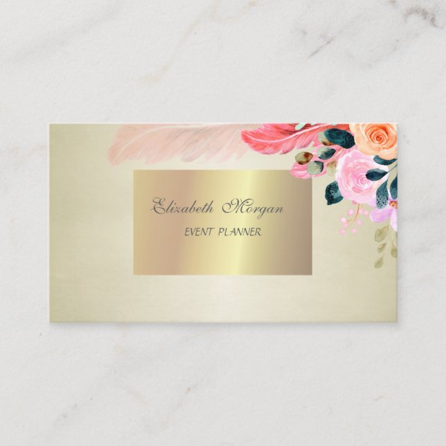 Tarjeta De Visita Elegante Estiloso Chic, Flores Pluma (Anverso)