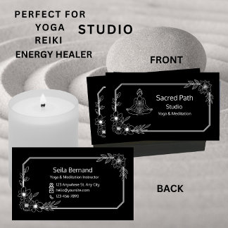 Tarjeta De Visita Elegante Estudio Floral De Yoga Blanco Y Negro