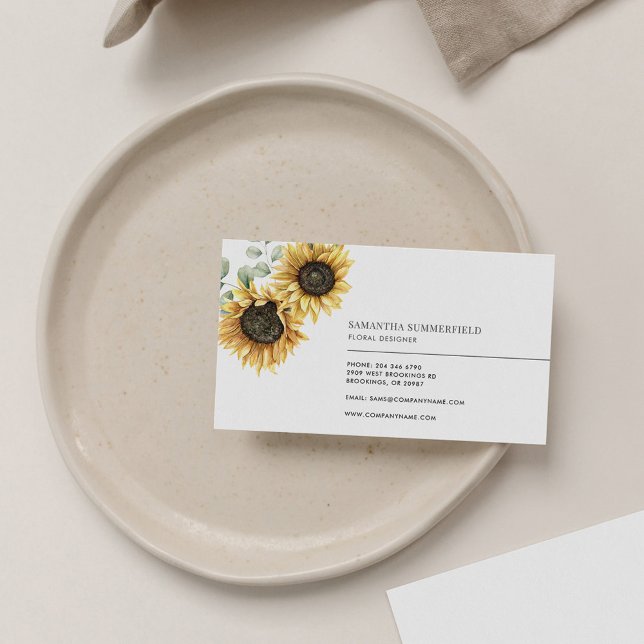 Tarjeta De Visita Elegante Eucalyptus Florist Moderno (Sunflower Floral Eucalyptus Minimalist Business Card)
