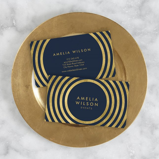Tarjeta De Visita Elegante evento geométrico Blue Faux Gold Round Li (Subido por el creador)