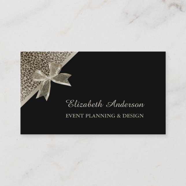 Tarjeta De Visita Elegante evento Planner Platinum Leopard Moda Bow (Anverso)