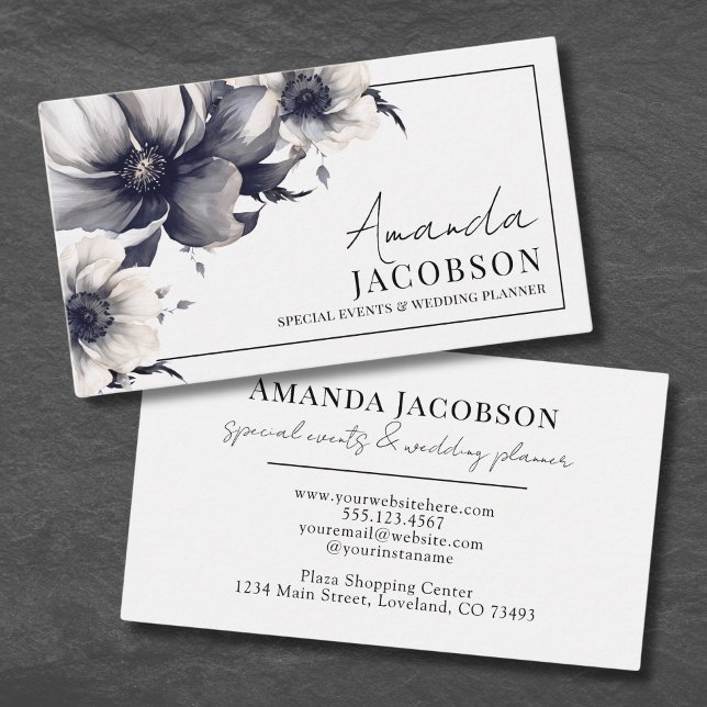 Tarjeta De Visita Elegante evento Wedding Planner Floral blanco negr (Elegant Event Wedding Planner Black White Floral Business Card)