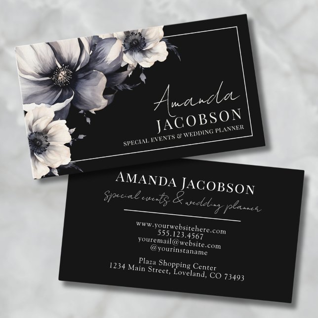 Tarjeta De Visita Elegante evento Wedding Planner Floral Negra (Elegant Event Wedding Planner Black Floral Business Card)