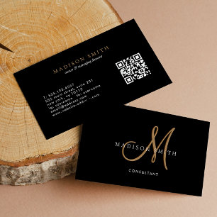 Tarjeta De Visita Elegante Fancy Black Gold Script Monograma QR Code