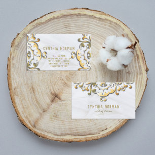 Tarjeta De Visita Elegante Fancy Faux Gold Borde Barroco En Blanco