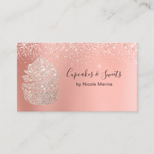 Tarjeta De Visita Elegante Fancy Faux Rosa Gold Cupcake Sweery Baker (Anverso)