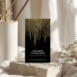 Tarjeta De Visita Elegante Faux Gold Confetti Dots Patrón Negro