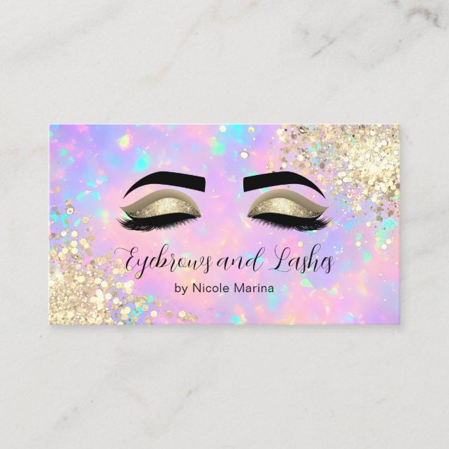 Tarjeta De Visita Elegante Faux Gold Holographic Eyelash Eyebrow Spa (Anverso)