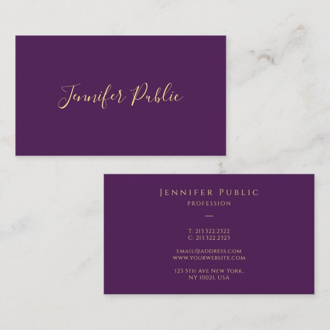 Tarjeta De Visita Elegante Faux Gold Script Template Purple Luxury (Anverso / Reverso)