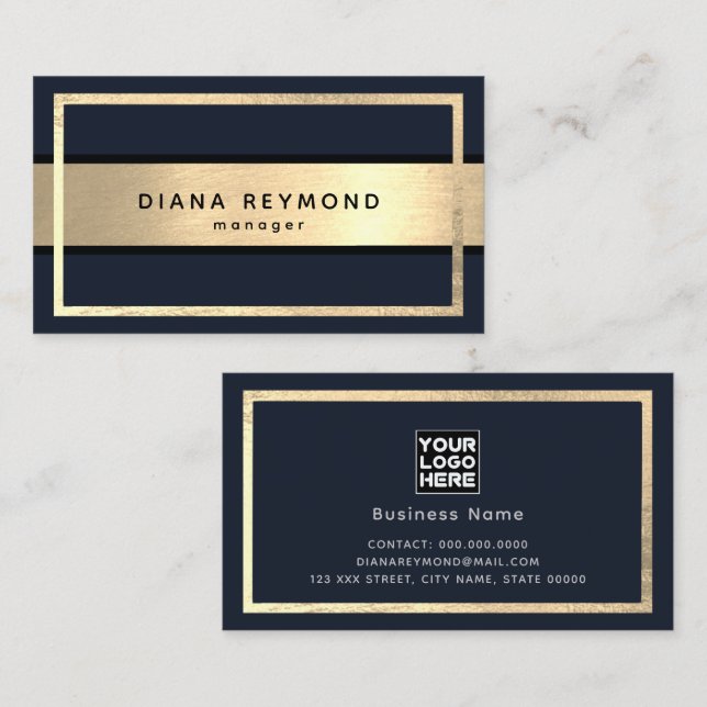 Tarjeta De Visita Elegante Faux Gold Stripe profundo/azul oscuro (Anverso / Reverso)