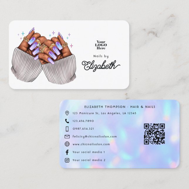 Tarjeta De Visita Elegante Faux Holographic Nail Salon Branding (Anverso / Reverso)