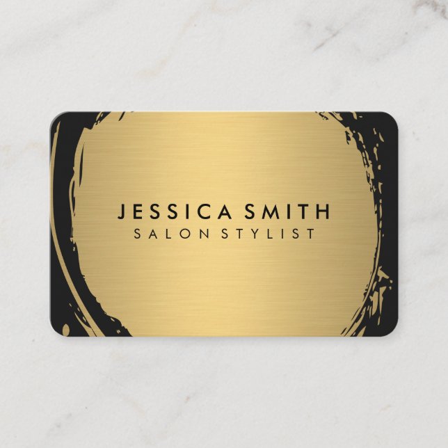 Tarjeta De Visita Elegante Faux Metallic Gold Cepillado con negro (Anverso)