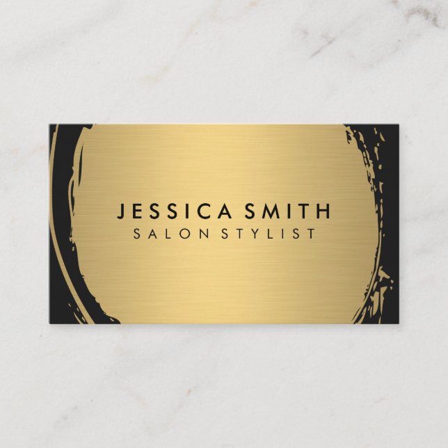 Tarjeta De Visita Elegante Faux Metallic Gold Cepillado con negro (Anverso)
