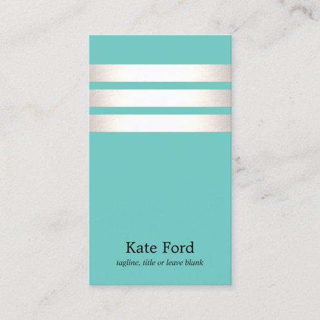 Tarjeta De Visita Elegante Faux Silver y Turquesa Striped Moderno (Anverso)