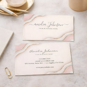 Tarjeta De Visita Elegante Femenino Rosa Suave Mármol Dorado Línea d