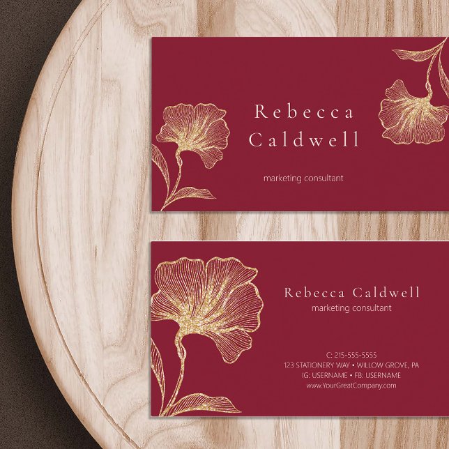 Tarjeta De Visita Elegante Feminina Floral Roja Ruby (Elegant Ruby Red Floral Feminine Business Card)