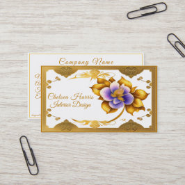 Tarjeta De Visita Elegante Filigree Gold Hermosa Flor Púrpura