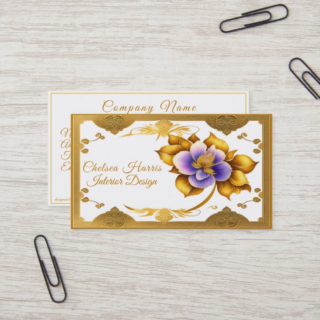 Tarjeta De Visita Elegante Filigree Gold Hermosa Flor Púrpura (Anverso/Reverso In Situ)