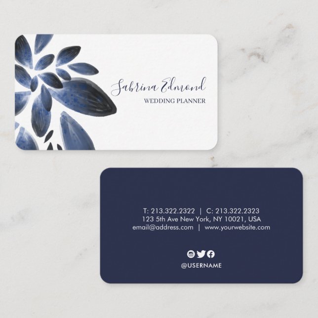 Tarjeta De Visita Elegante Firma de Foliage Blue de la Marina (Anverso / Reverso)