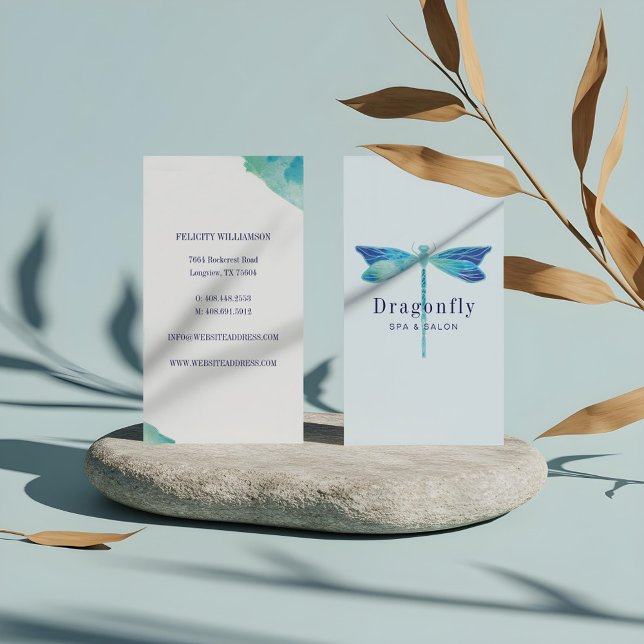 Tarjeta De Visita Elegante Flagelona azul y acuática (Elegant Blue & Aqua Watercolor Dragonfly Business Card)