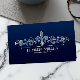 Tarjeta De Visita Elegante Fleur-de-lis Pearl y mármol azul