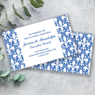 Tarjeta De Visita Elegante Fleur de Lys Executive Blue and White