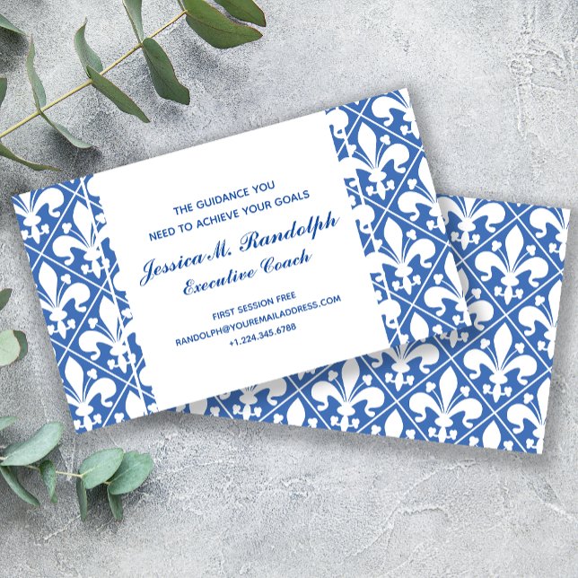 Tarjeta De Visita Elegante Fleur de Lys Executive Blue and White (Subido por el creador)