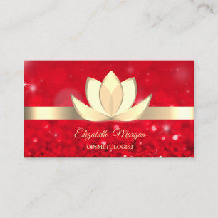 Tarjeta De Visita Elegante Flor de Loto Dorada Bokeh Rojo Yoga Reiki