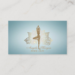 Tarjeta De Visita Elegante Flor de Loto Dorada Brillo Yoga Chica Azu