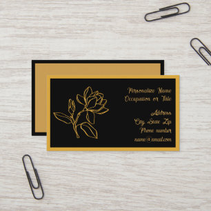 Tarjeta De Visita Elegante Flor de Magnolia en Oro con Fondo Negro C