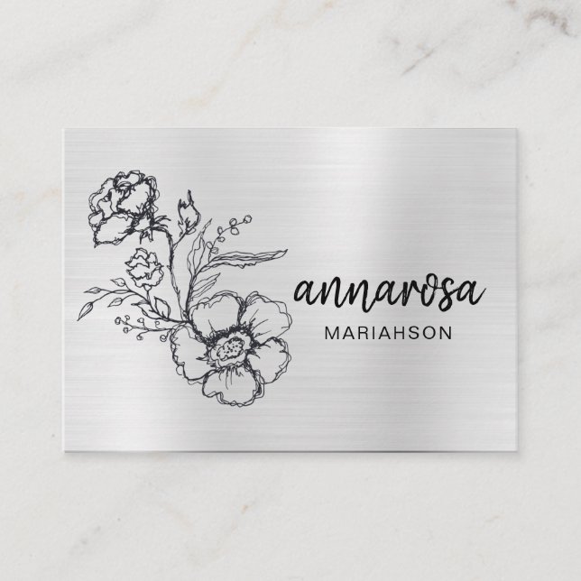 Tarjeta De Visita *~* Elegante Flor Floral Plata LOGO FOTO QR (Anverso)