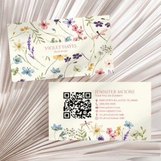 Tarjeta De Visita Elegante Flor Silvestre Floral Código QR