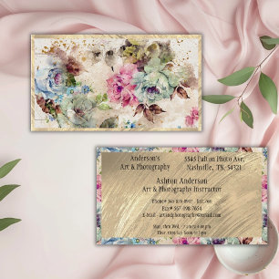 Tarjeta De Visita Elegante Floral Abstracto Acuarela Rústico Oro