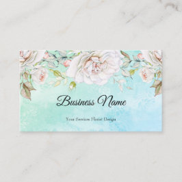 Tarjeta De Visita Elegante Floral Acuarela azul teal Rosa Blanco