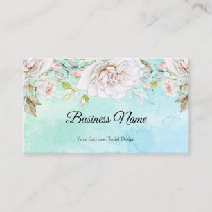 Tarjeta De Visita Elegante Floral Acuarela azul teal Rosa Blanco