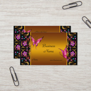 Tarjeta De Visita Elegante Floral Amarillo Dorado Rosa Mariposa Negr