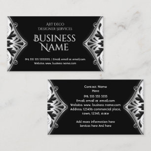 Tarjeta De Visita Elegante Floral Art Déco Negro Plateado