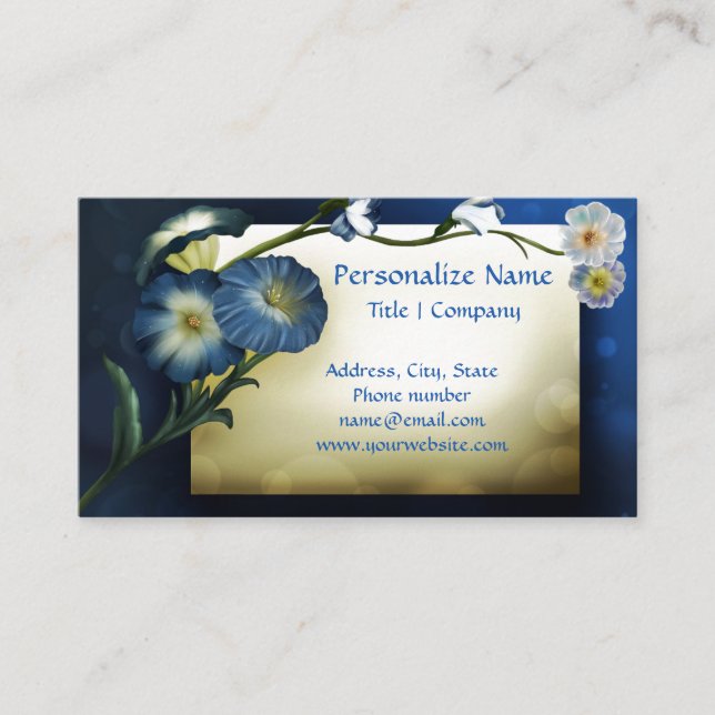 Tarjeta De Visita Elegante Floral Azul Petunias Fondo de Marfil (Anverso)