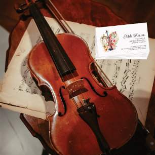 Tarjeta De Visita Elegante Floral Código QR Violinista profesor de v