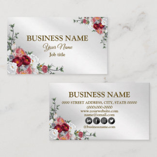 Tarjeta De Visita Elegante Floral Colorido Rojo Floral Plata Moderno