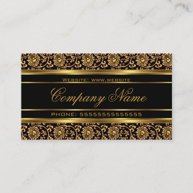 Tarjeta De Visita Elegante Floral Damask Gold Look Black Bronze (Anverso)