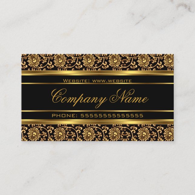 Tarjeta De Visita Elegante Floral Damask Gold Look Black Bronze (Anverso)