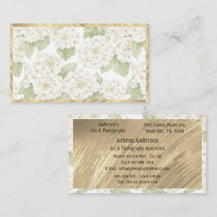 Tarjeta De Visita Elegante Floral de Hortensia Blanca Dorada