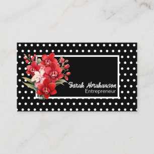 Tarjeta De Visita Elegante Floral de Lunares en Negro y Blanco