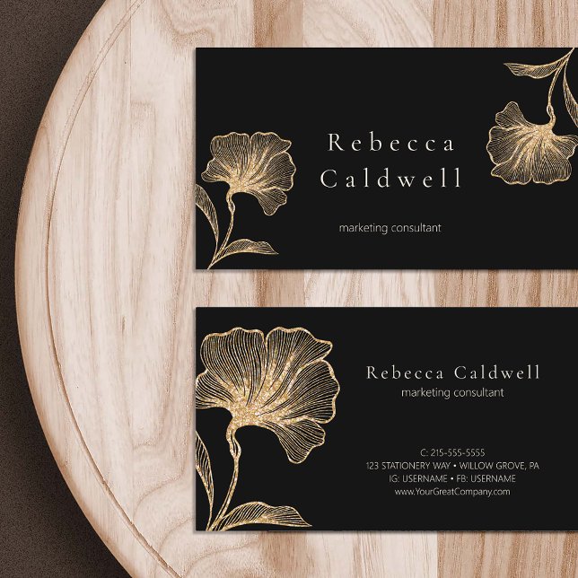 Tarjeta De Visita Elegante floral de oro negro (Elegant Black Gold Floral Feminine Business Card)