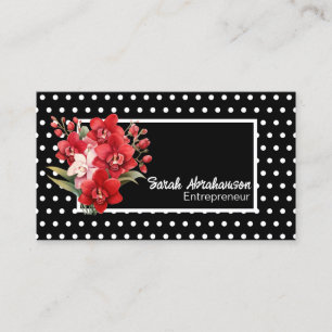 Tarjeta De Visita Elegante floral de puntos de polka blanco y negro