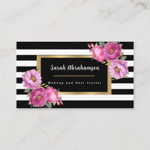 Tarjeta De Visita Elegante Floral de Rayas en Negro y Blanco