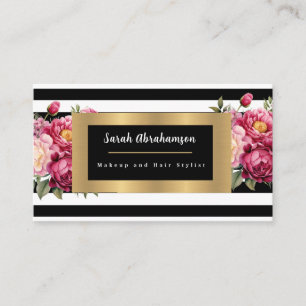 Tarjeta De Visita Elegante Floral de Rayas Negras y Blancas