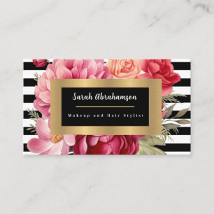 Tarjeta De Visita Elegante Floral de Rayas Negras y Blancas