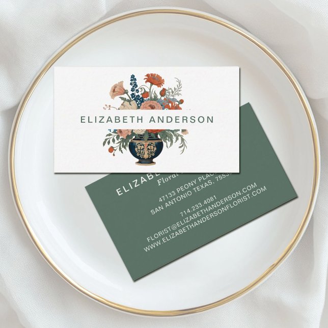 Tarjeta De Visita Elegante Floral Elegante (An elegant floral vase business card design, great for a florist or interior designer)